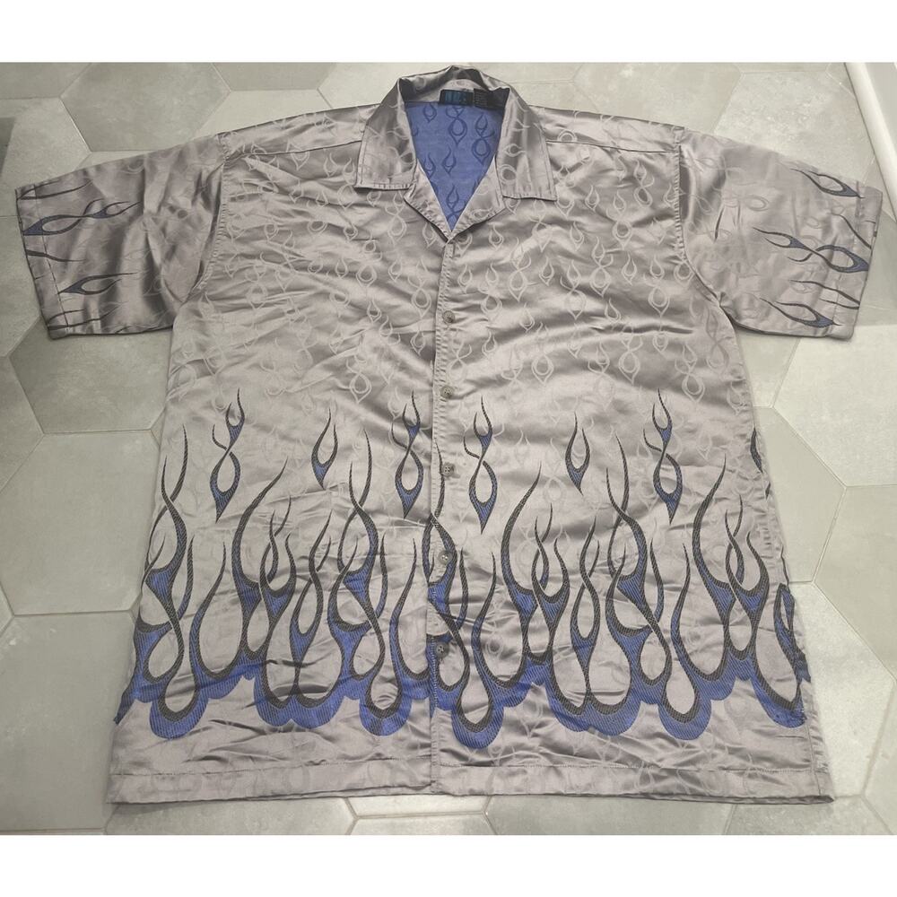 Mens MT:2 XL S/S Button Down 55/45 Rayon Hot Rod Racing Design Silver